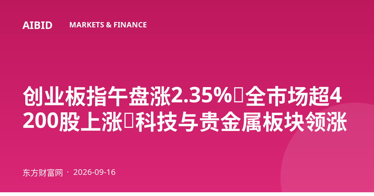 创业板指午盘涨2.35%，全市场超4200股上涨，科技与贵金属板块领涨