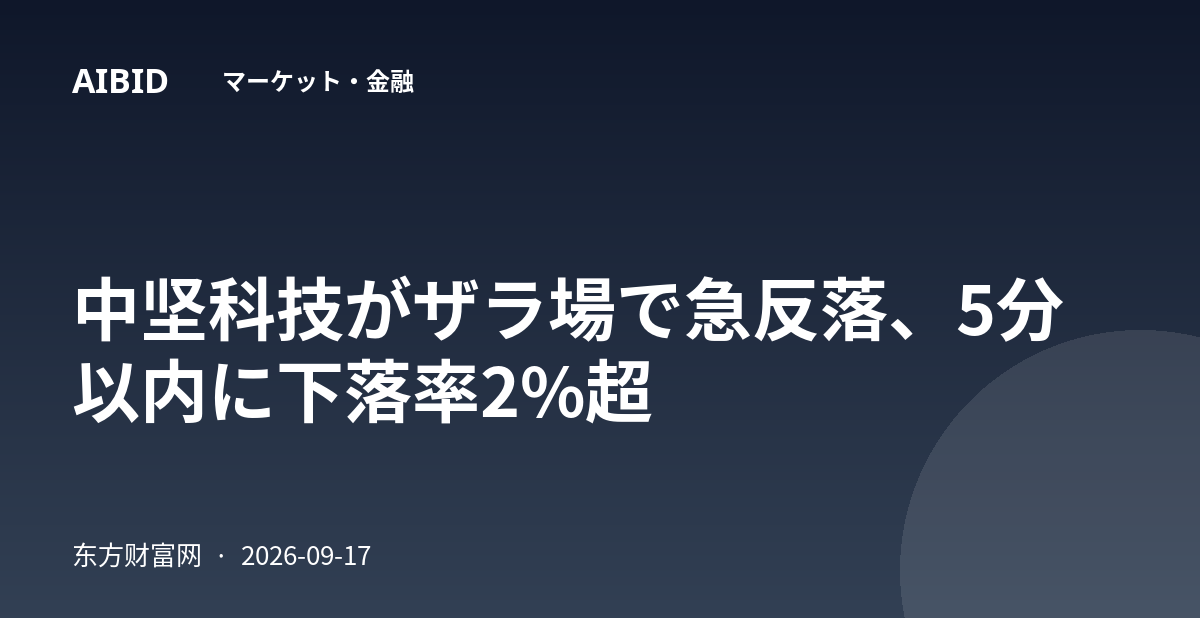 中坚科技がザラ場で急反落、5分以内に下落率2%超