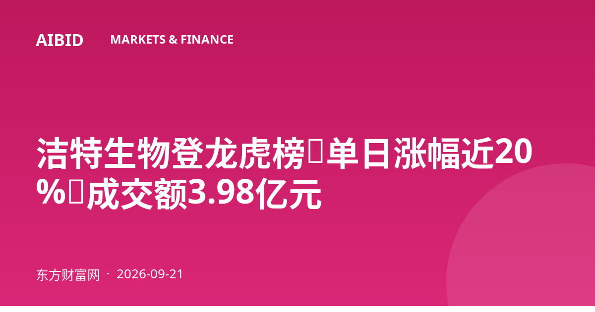 洁特生物登龙虎榜：单日涨幅近20%，成交额3.98亿元
