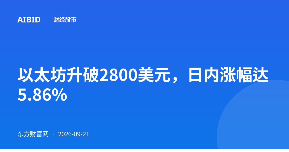 以太坊升破2800美元，日内涨幅达5.86%