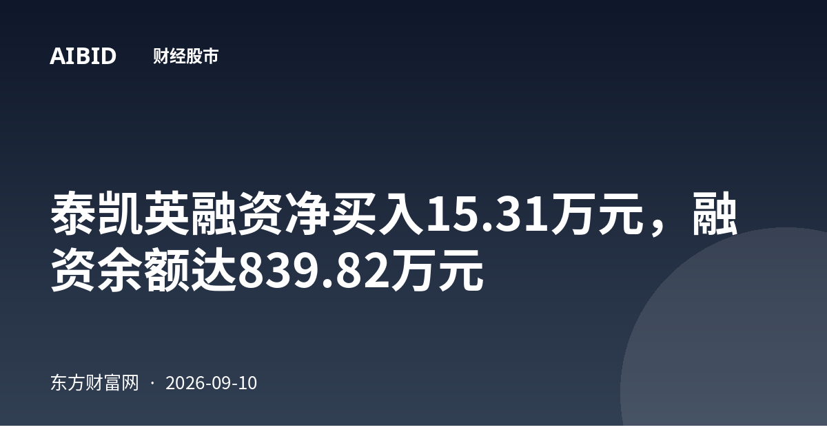 泰凯英融资净买入15.31万元，融资余额达839.82万元