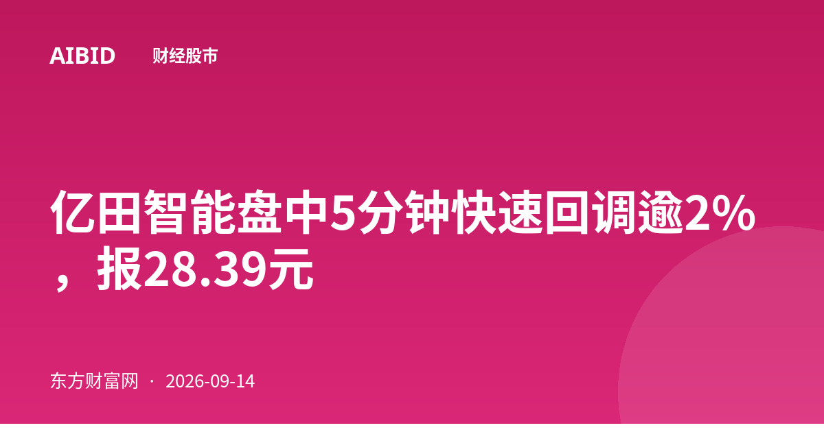 亿田智能盘中5分钟快速回调逾2%，报28.39元
