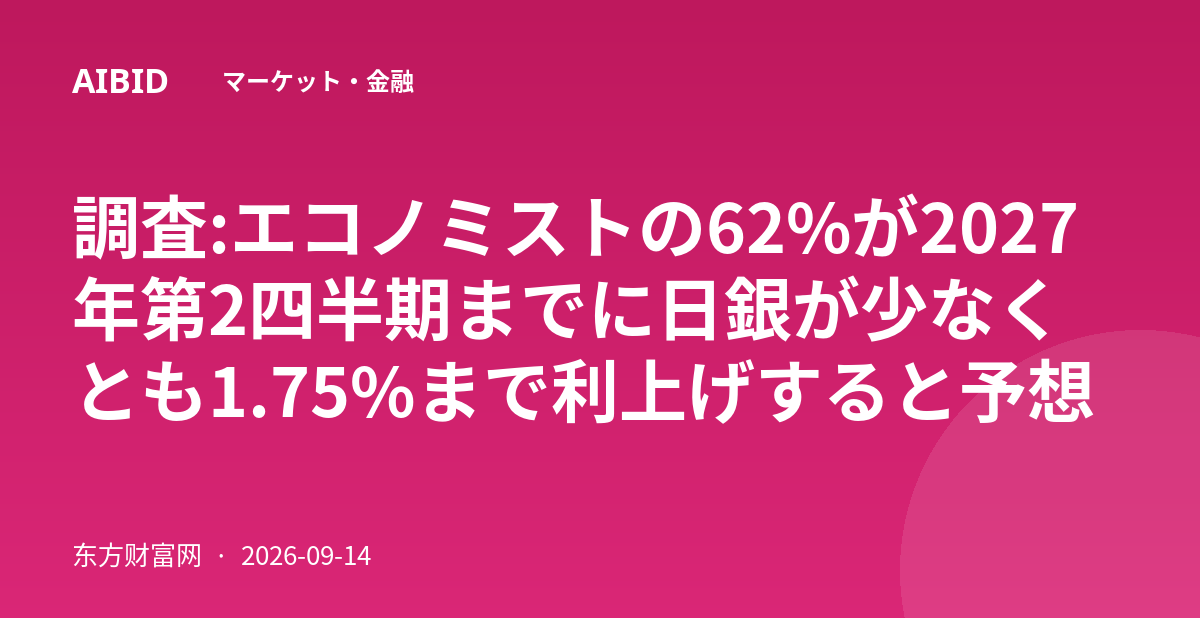 調査:エコノミストの62%が2027年第2四半期までに日銀が少なくとも1.75%まで利上げすると予想
