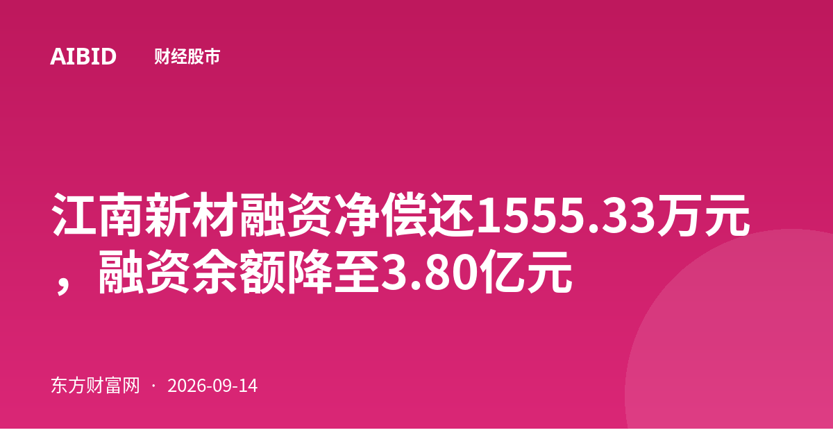 江南新材融资净偿还1555.33万元，融资余额降至3.80亿元